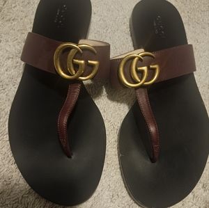 GUCCI Calfskin GG Marmont Thong Sandals 37.5 Vintage Bordeaux